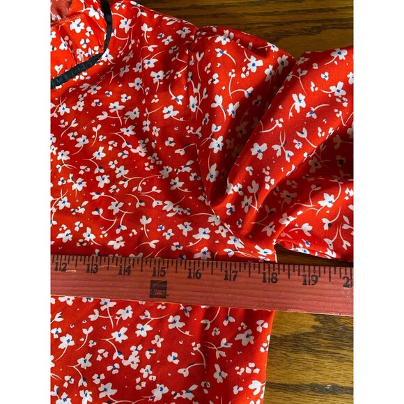 SHEIN Blouse Size Small Red Floral Ruffle Neck & Wrist Tie Neck Silky Top Dressy - Picture 10 of 11